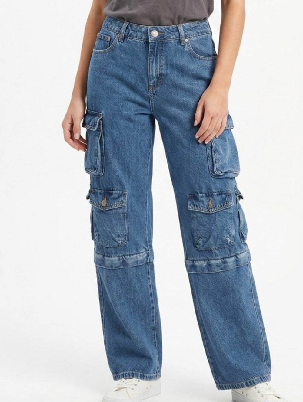 Garage Denim Jeans Blue Womens Low Rise Wide Leg Cargo Pockets